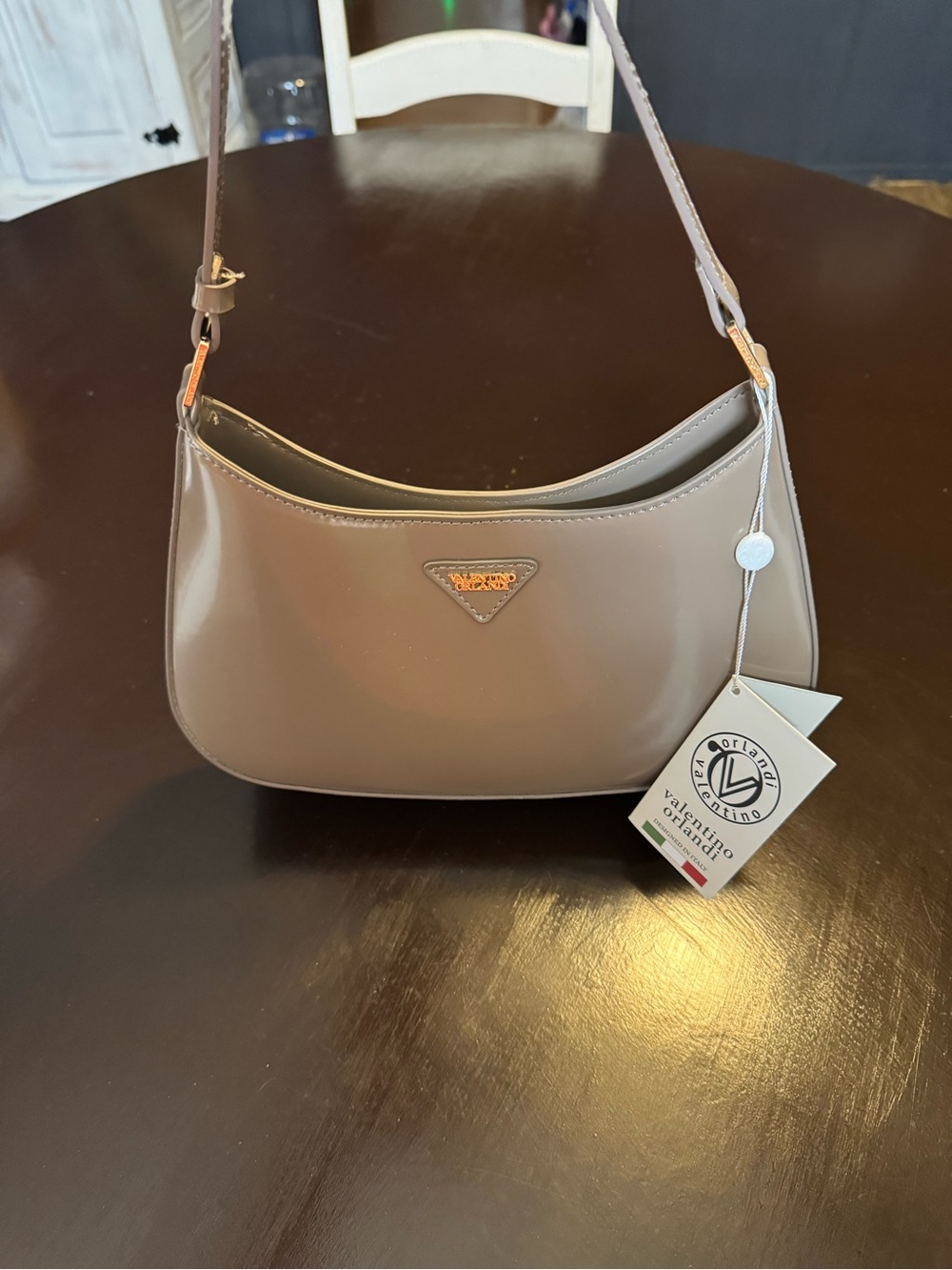 Valentino Orlandi Taupe Shoulder Bag with Gold Logo Accent